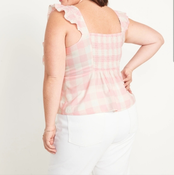Old Navy Sleeveless Ruffle Trim Smock Gingham Blouse NWT Pink Pastel Plus Sz 2X - Picture 5 of 11